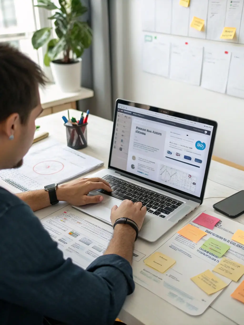 A close-up of a designer collaborating with an AI interface on a laptop, showing WordPress and Elementor dashboards, representing the fusion of technology and creativity in web development.