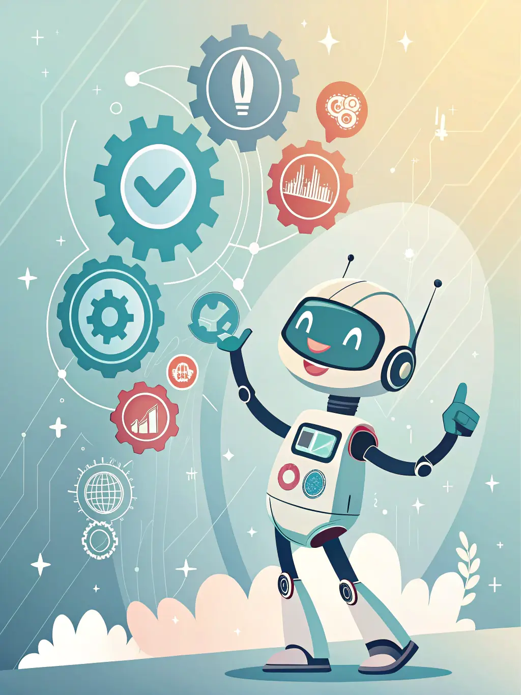 A vibrant illustration of a chatbot and FAQ bot interacting with website visitors, set against a modern business website background, highlighting instant support features.