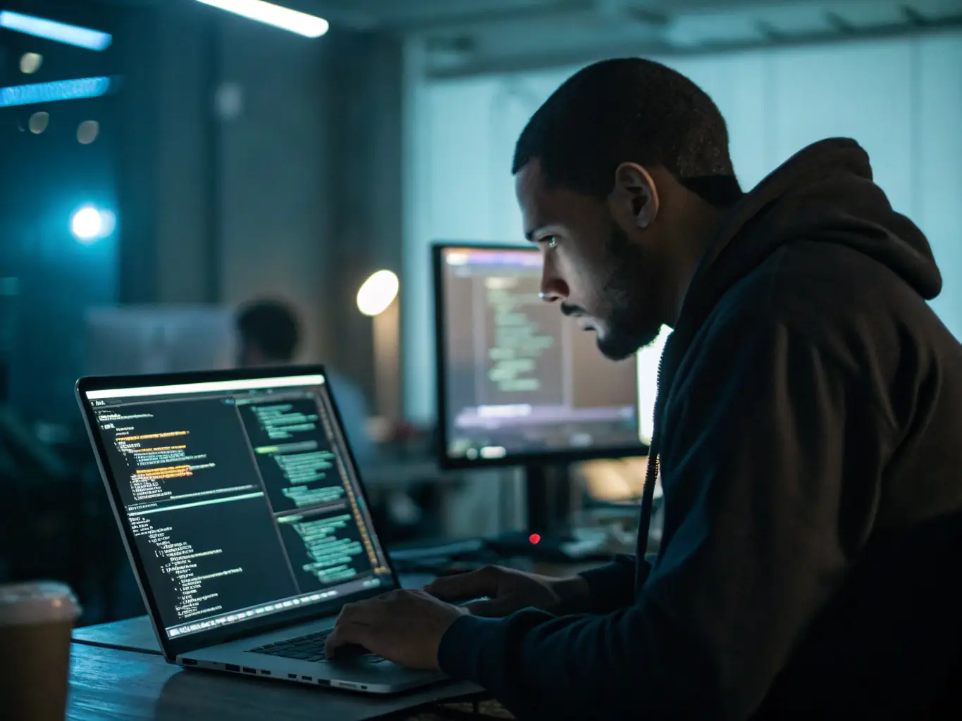 A modern workspace with a designer reviewing a WordPress website on a laptop, highlighting SEO analytics and accessibility features, representing the technical and user-focused benefits of 80 to 20’s web design services.