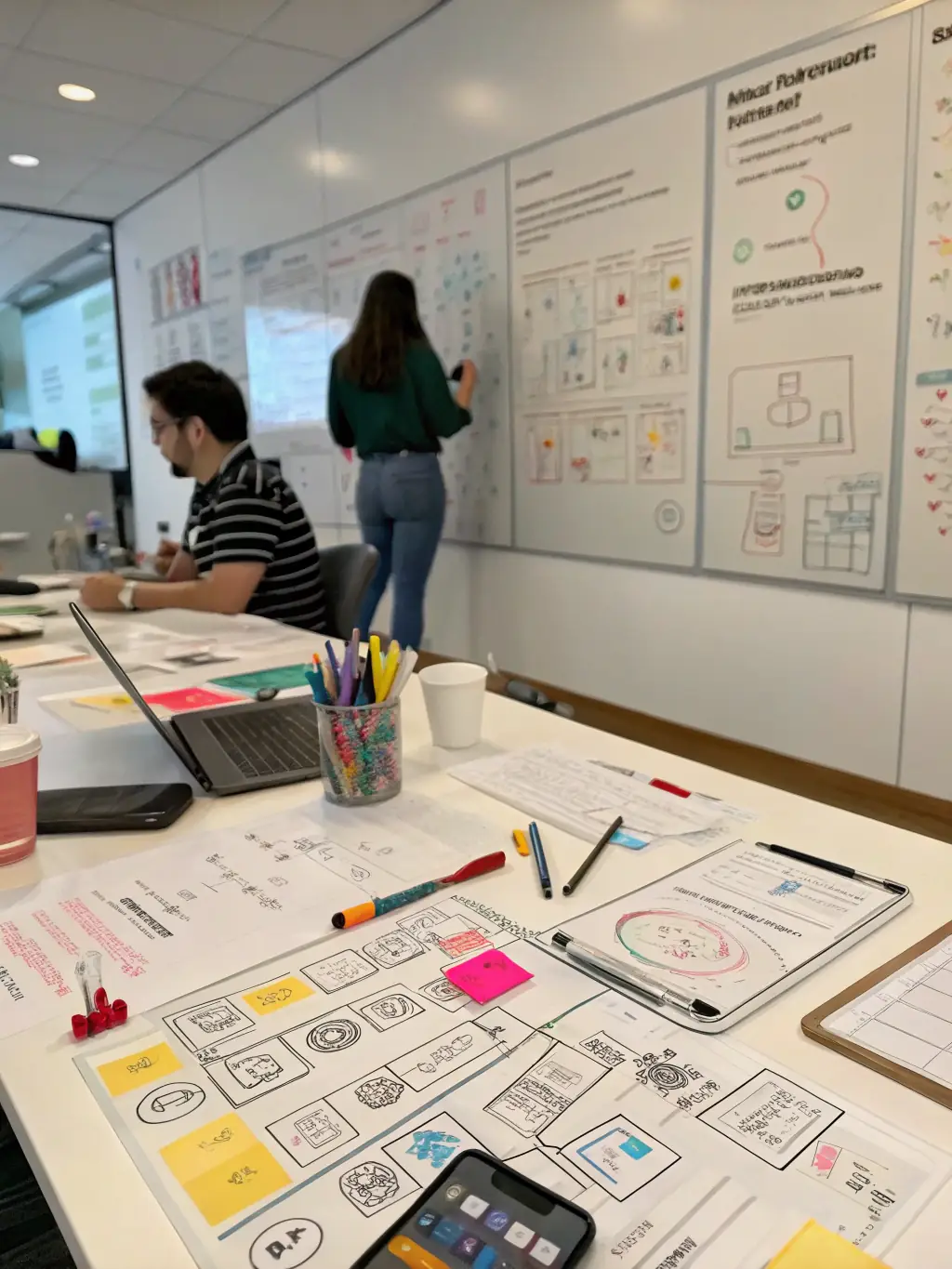 A creative workspace scene with UX wireframes, color palettes, and branding elements, demonstrating the process of designing user-friendly, visually consistent websites.